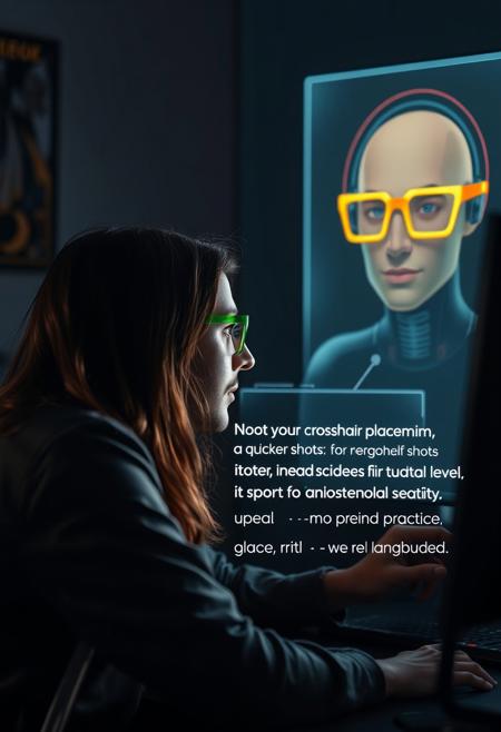 “Create a 16:9 cinematic scene where a player sits at a desk, immersed in a game, the room dimly lit by the glow of the screen. On the screen, a male AI operator with long brown hair and green and yellow reading glasses appears as a semi-transparent hologram. His glasses have a sleek, futuristic frame, reflecting the soft light of the screen, giving him an intellectual, high-tech appearance.
The player asks the operator for tips on improving aim and reaction time. The AI operator calmly advises on crosshair placement, recommending keeping it at head level for quicker shots. He also suggests reaction drills and the importance of consistent practice. Floating text or icons highlight key points like ‘Crosshair Placement’ and ‘Reaction Drills.’
The scene alternates between close-ups of the player’s focused face and the operator’s glowing form. His green and yellow glasses subtly catch the light, adding a touch of style to his digital form. The operator’s calming tone and confident demeanor inspire the player, who nods, feeling more prepared and confident to improve their skills.”