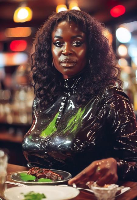 ()Hyoer Realistic:2.0)Polaroid picture of 
 image of an upscale steakhouse, where( a group of Beautiful mature, busty black women, each with a voluptuous figure :1.85) gather around a lavish table, (savoring their juicy steaks:1.50). Unbeknownst to them, the (restaurant's steak is infused with a green, hypnotic glowing slime:1.85) that seeps into their minds.
As they dine,  (solid glazed  pulsating sclera:3.30) ( and they become entranced, their faces slackening into a serene, obedient expression:2.95). 
BREAK (The waitress, aware of the gel's effects, subtly guides them to leave extravagant tips, far exceeding the total bill:2.24).