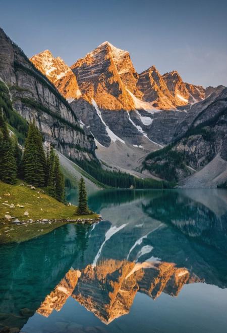 A scenic landscape with a majestic mountain range and a serene lake, inspired by National Geographic, detailed, romantic, vibrant, intricate, highly, cinematic, dynamic, thought, epic, designed, perfect composition, dramatic, breathtaking, beautiful, ambient light, advanced, atmosphere, gorgeous, best, vivid, real, full, detail, optimistic, color, holy, pure