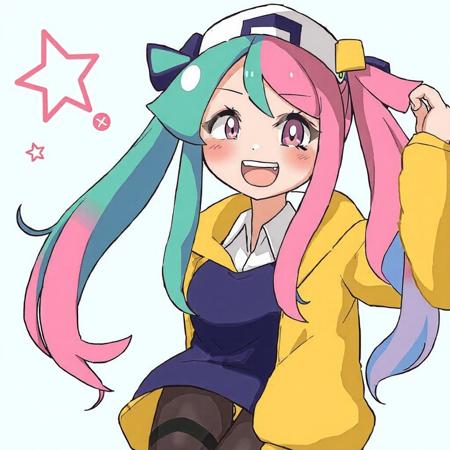 1girl, iono (pokemon), star in eye, grin, very long hair, :d, pantyhose, hexagon print, two-tone hair, bow-shaped hair, long hair, character hair ornament, single leg pantyhose, twintails, multicolored hair, upper teeth only, blue hair, thigh strap, smile, jacket, teeth, sleeves past fingers, oversized clothes, eyelashes, hair ornament, split-color hair, sharp teeth, symbol in eye, green hair, pink hair, aqua hair, very long sleeves, sleeves past wrists, yellow jacket, shirt, low-tied long hair, open mouth, pink eyes, tongue, star print, x, star (symbol), anime cap