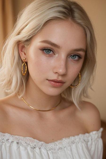 (1girl:1.15), short voluminous fluffy bright white hair, (European:1.3), blue eyes, (close up face:1.3), (20 years old, young:1.2), white dress, (earrings:1.2), piercing, jewelry, (inviting expression:1.3), choker, (cream eyeliner:1.2), with subtle freckles, subtle skin blemishes, visible skin pores, natural skin texture, cozy bedroom, photorealistic, masterpiece, (golden hour:1.3), (warm glow:1.3), warm colors, (80mm f/1.2 portrait:1.3), RAW Photograph, leica full frame camera, high quality, insane details, masterpiece, 8k