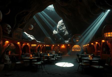 dark dappled lighting,  arid planet, Masterwork Hd cinematic photo, organic grown  vantablack latex laminate  architecture,  fantasy magic-tech themed reality setting, Oktoberfest beer garden, diffuse magically sourced illumination, silk-latex  otherworldly fashion