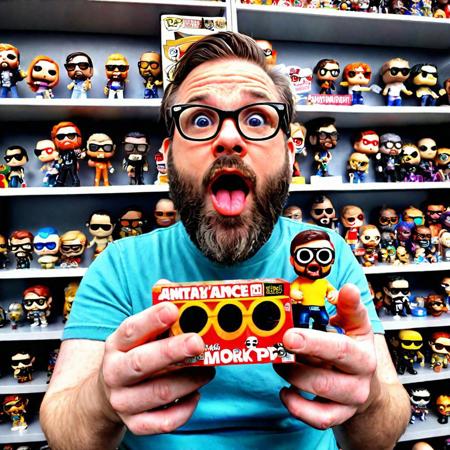 Man with beard and glasses holding a Funko Pop at the camera with his mouth open. The entire room is filled with shelves of Funko Pops.