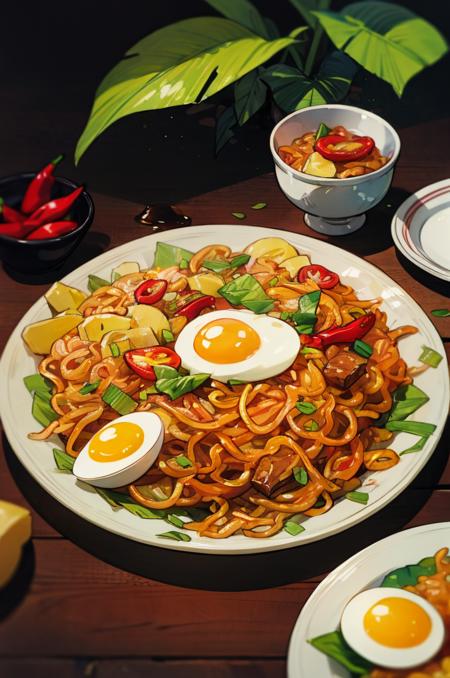 food, manga, miegoreng with egg fried and chilies on plate with banana leaf, ghible anime style, line art, wooden table, details, hot, soft focus, dramatic light, low ligt, blurry background <lora:ARWmiegoreng:1> <lora:add_detail:1> <lora:ghibli_style_offset:0.6>