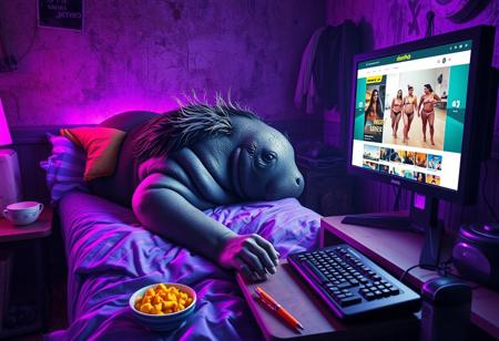 Photorealistic depiction of a manatee: the King of the manatees lays on a small unkempt bed inside a dank dirty room with purple LED lighting. He has greasy dyed black hair with white roots on his head. Beside his pillow on the bed is a bowl of mac'n'cheese. He is reaching for the mouse and keyboard in the foreground. He stares at a computer monitor which displays an nsfw video streaming website named "dornhub" featuring plus sized walruses in bikinis