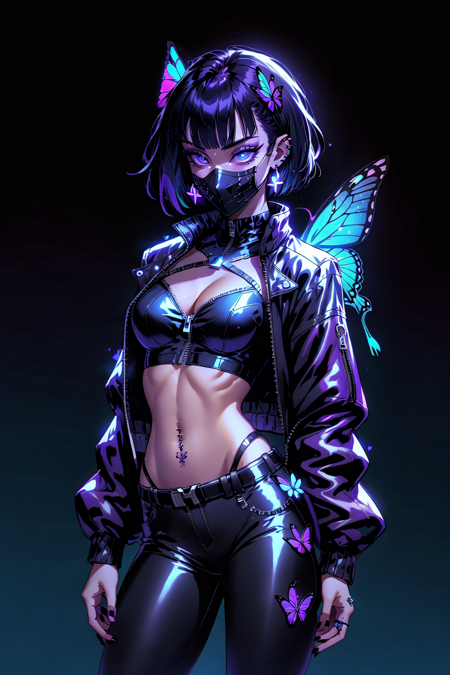 blacklightdskStyle, UV Lighting, blacklight theme, 1girl, solo, looking at viewer, short hair, bangs, blue eyes, black hair, long sleeves, navel, cleavage, jewelry, medium breasts, standing, purple hair, multicolored hair, cowboy shot, earrings, midriff, belt, pants, stomach, nail polish, crop top, groin, fingernails, sleeves past wrists, eyelashes, tattoo, mask, glowing, black pants, piercing, bug, black background, butterfly, black nails, zipper, arm behind back, arm at side, cropped jacket, mouth mask, covered mouth, shrug , (clothing), navel piercing, blue butterfly, black mask, masterpiece, official art, absurdres, 32k UHD, 4 point perspective, vantage point, <lora:blacklightstyle:0.8>