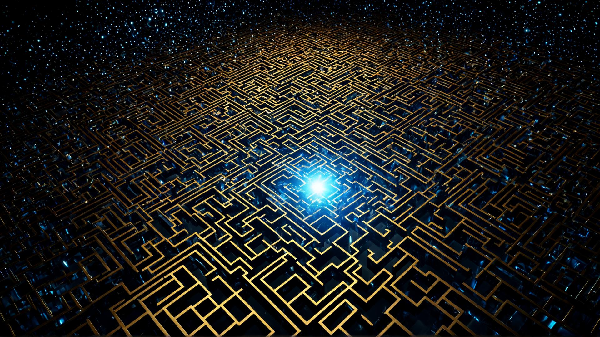 A fractal maze of light beams, each reflecting off metallic surfaces. The beams are bright blue and gold, bouncing at perfect angles, creating intricate geometric patterns in a vast, dark space. Small glowing particles add a soft sparkle., Photorealistic, Hyperrealistic, Hyperdetailed, analog style, soft lighting, subsurface scattering, realistic, heavy shadow, masterpiece, best quality, ultra realistic, 8k, golden ratio, Intricate, High Detail, film photography, soft focus