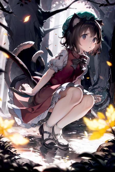 masterpiece, best quality,  <lora:chen:1>,1girl, chen,brown hair,short hair, mob cap, animal ears, earrings, tail,red dress,bow,tail,full body