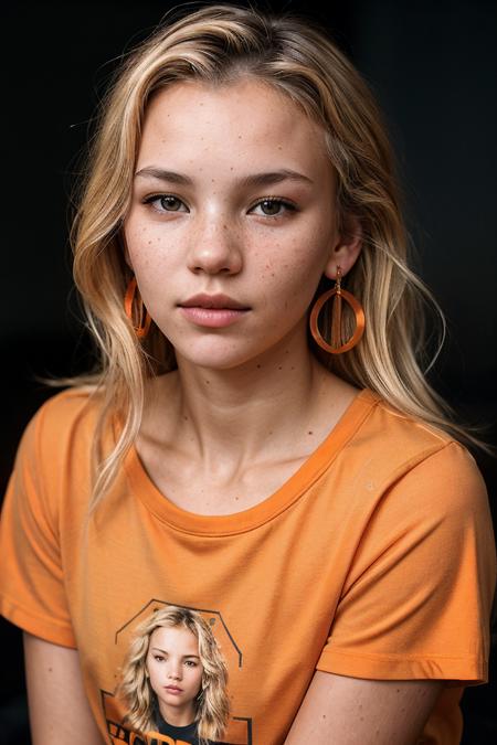 photo of (ryamp0lsky-135:0.99), closeup portrait, perfect blonde hair, portrait, (modern photo, Monarch Orange graphic tee), 24mm, (analog, cinematic, film grain:1.3), (plain Christmas Red background, gradient:1.1), ((detailed eyes)), (seductive pose), (epicPhoto), earrings