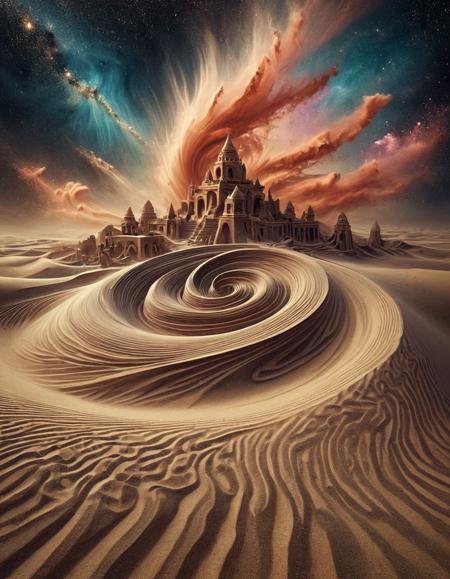 abstract swirling sand, cosmic dust, nebula, stardust, sandswirl, ancient ruins emerging from sand, forgotten city  <lora:SandSwirlLoRa:0.8>