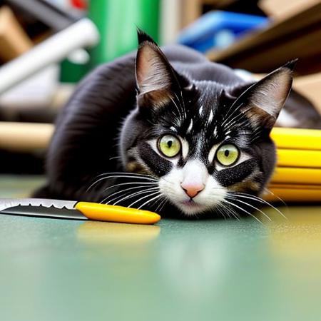 ((Beste Qualität)), ((Meisterwerk)), (Detailliert) Katze läuft weg auf Hinterpfoten, Katze hält einen Fisch in der Vorderpfoten, ein Chinese mit einem Messer verfolgt die Katze, Fischmarkt