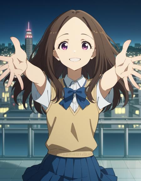 chihaya asagumo, long hair, brown hair, purple eyes, skirt, shirt, bow, school uniform, white shirt, short sleeves, pleated skirt, bowtie, blue bowtie, blue bow, sweater vest,