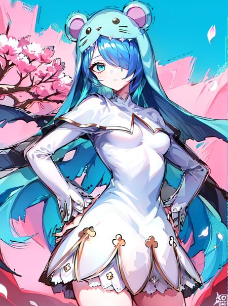 Sistermon Ciel,1girl,solo,blue hair,long hair,dress,very long hair,white dress,one eye covered,long sleeves,small breasts,STANCE,cherry blossoms,star \(sky\),hands on hips,<lora:ï¼äººç© ä¿®å¥³å½å¤©èï¼Sistermon Ciel:1>,, (masterpiece), (best quality), HDR, intricate detail,