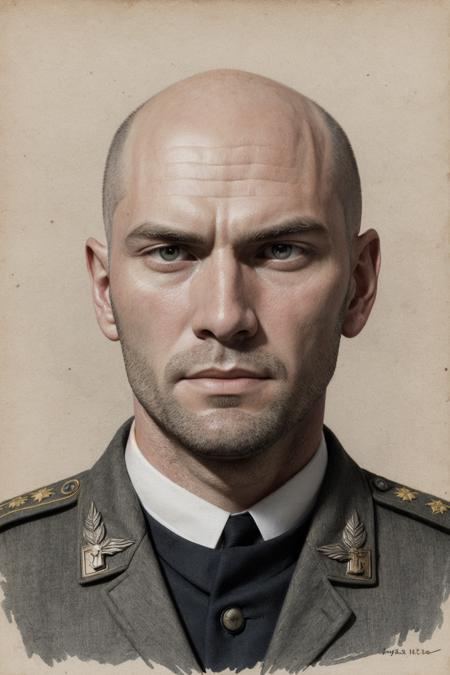 a human male noble, roman empire aesthetic, military academy aesthetic, old paper texture, ((sketch)), head shot, clean shaven, ((bald))