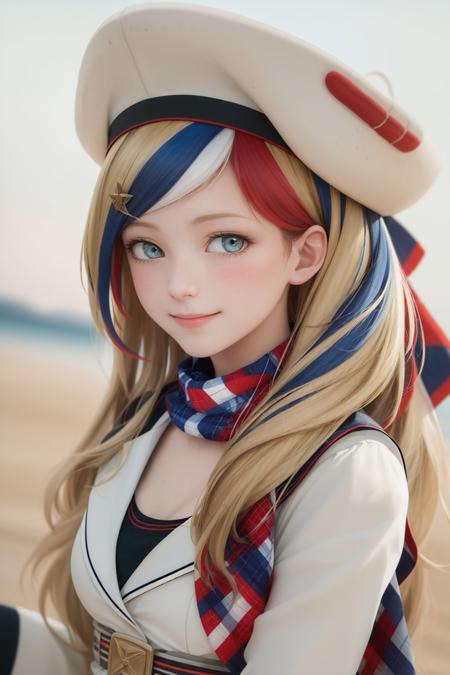 (masterpiece, best quality:1.2), <lyco:kancolle_commandantteste-10:1.0>, cowboy shot, solo, 1girl, commandant teste, smile, closed mouth, looking at viewer, beret, multicolored clothes, jacket, buttons, double-breasted, dress, multicolored scarf