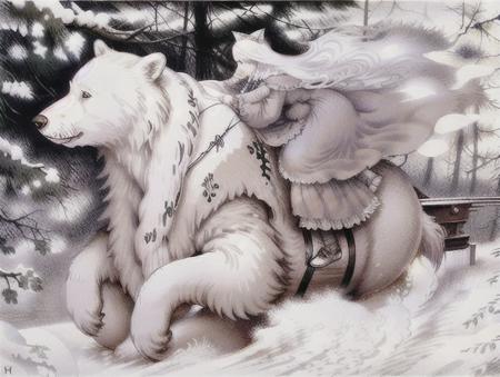 a drawing of a very beautiful white princess with white long hair and cat ears, (victorian shoes) and dalated face, (riding a big white bear) through a snowy forest,  very detailed by kittelsen,  fog, particles, 
mystical mist  <lora:kittelsen2-000004:1>