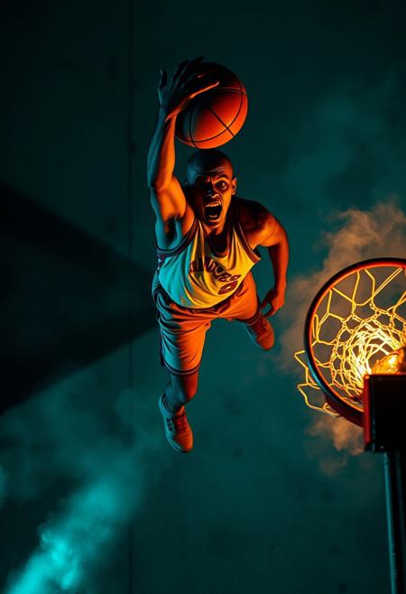 An overhead bird's-eye view depicting a zombie basketball player performing a dunk, rendered in rich, deep teal volumetric lighting.  Visible light beams through dust or fog. The image features a top-down perspective and a luxurious and vibrant aesthetic, highlighting the terrifying action.  High resolution, dramatic lighting, HDR.