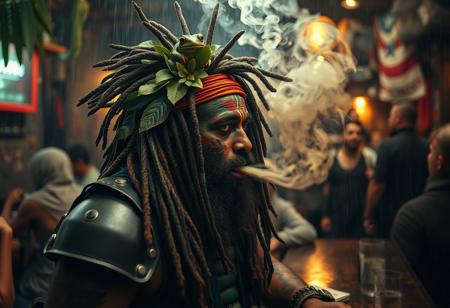 ( shot on a iPhone style) chilled happy big dreads tribal painted medicine man Rasta man with armor and military fatigues smoking a huge spliff the size of a bat, he blows of so much smoke it makes the (crowd of people cough and dance in the smoke), blowing the smoke into a cozy bar, crowded happy cozy gritty scifi jungle bar during a heavy rainstorm (masterpiece medium format swirly bokeh hyperrealisitic concept art 8k)  masterpiece medium format photo tribal amazon warrior he has leaves and flora and a frog in his hair, muted colours, soft focus