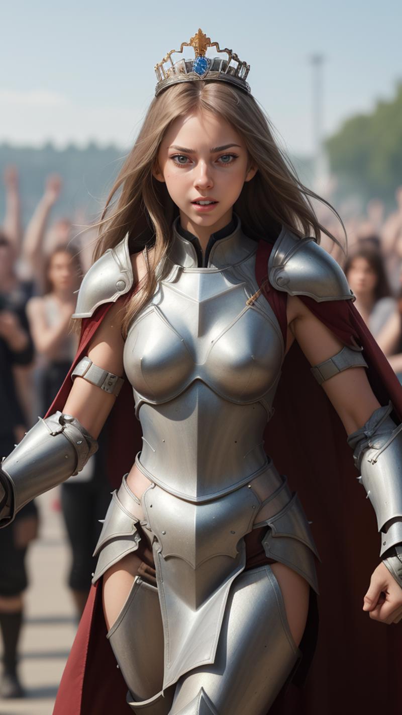 A 3D rendered female warrior in a suit of armor with a cape.