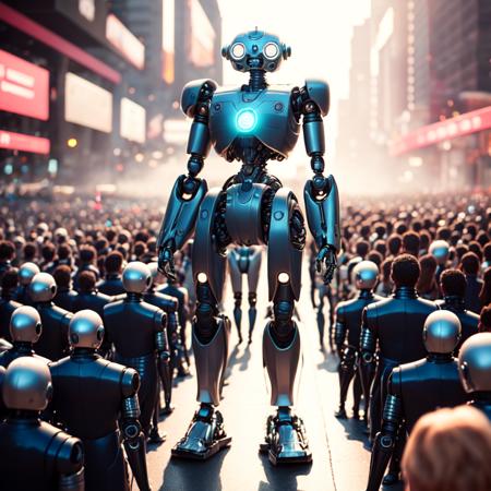 photo, painting of a robot standing in front of a crowd of people (mecharoboto style:1) <lora:djzMechaRobotoV21:0.8>