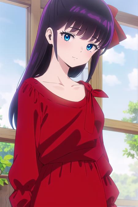 ryoukomendou, <lora:ryouko mendou s1-lora-nochekaiser:1>,
ryouko mendou, long hair, blue eyes, purple hair, bow, hair bow, mole, mole under eye, smile,
BREAK dress, red dress, collarbone, long sleeves,
BREAK indoors, classroom,
BREAK looking at viewer, (cowboy shot:1.5),
BREAK <lyco:GoodHands-beta2:1>, (masterpiece:1.2), best quality, high resolution, unity 8k wallpaper, (illustration:0.8), (beautiful detailed eyes:1.6), extremely detailed face, perfect lighting, extremely detailed CG, (perfect hands, perfect anatomy),