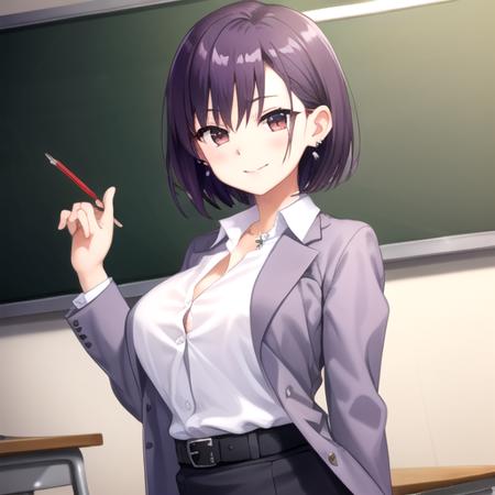 ((masterpiece)),(best quality),official art,extremely detailed CG,unity 8k wallpaper,ultra detailed,classroom,1girl,solo,upper body,(portrait:1.2),looking at viewer,office lady,short hair,purple hair,brown eyes,smile,business suit,earrings,jewelry,white shirt,large breasts,purple jacket,button,black belt,pencil skirt,skirt suit,purple skirt,black pantyhose,high heels,<lora:Amase Makoto(cur):0.8>,