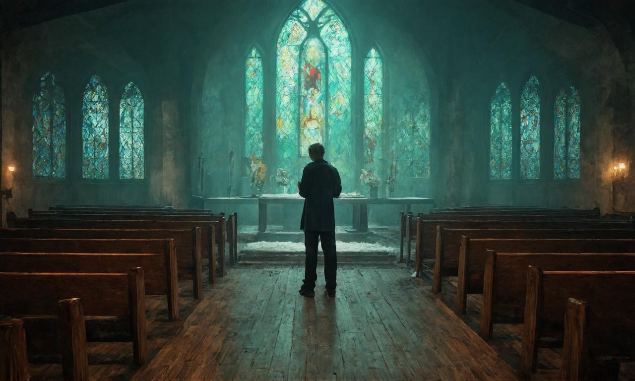 The desolate atmosphere of Silent Hill. A lone figure praying at an alter in a misty church. A fog shrouded grveyard visibal through the colourful church windows. Green atmosphere, Snow outside the church, winter mist, 8k, winter season, wooden floor, 2008 interior style, wood floor, silent hill 2, DSLR quality, very foggy, full of seats, windows on walls, highly filled and detailed curch with complex Architecture