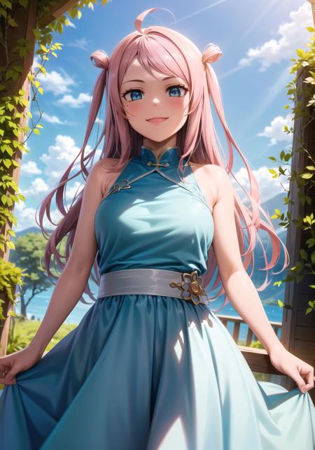 (masterpiece, best quality, ultra-detailed), (illustration), (beautiful detailed eyes), 1girl, solo, lanzhu zhong, long hair, pink hair, ahoge, blue eyes, two side up, sidelocks, <lora:Lanzhu_1.2:0.6>, medium breasts
dress
light smile, cowboy shot, tareme, 
outdoors, day, blue sky, (greenery:1.3), depth of field,  <lora:1651489307798708599 (1):0.6> <lora:add_detail:0.2> <lora:GoodHands-vanilla:1> <lora:tareme:0.6>