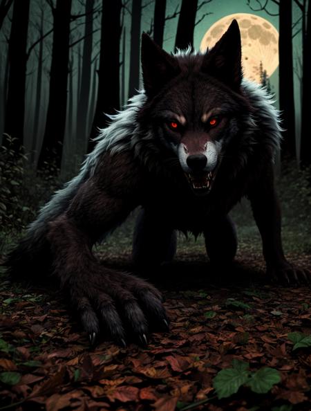 a bloody werewolf, crawling on the ground, full moon, dark forrest, scary, creepy, gore, (bokeh))