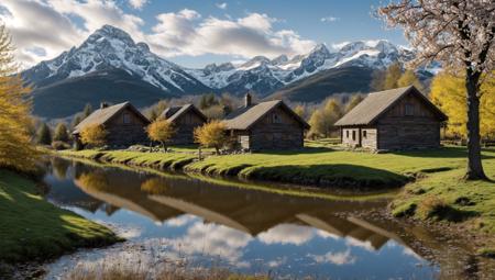 ((masterpiece:1.4,best quality)), cloud, outdoors, 
(mountains), spring glade, scenery, sky, winter, village, tree, pond, fishing hut
 high detail, abundant, 8k, high detail, wallpaper,