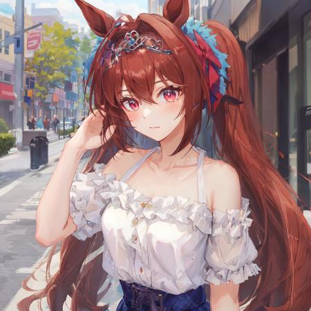 ((masterpiece, best quality)), <lora:Daiwa Scarlet:0.6>,1girl,Daiwa Scarlet,Daiwa Scarlet(Private clothes),horse ears,horse girl,brown hair,long_hair, twintails,red_eyes,slit pupils,tiara, very_long_hair,hair_intakes,white shirt,bare_shoulders,blue skirt,short_sleeves,street, dating,