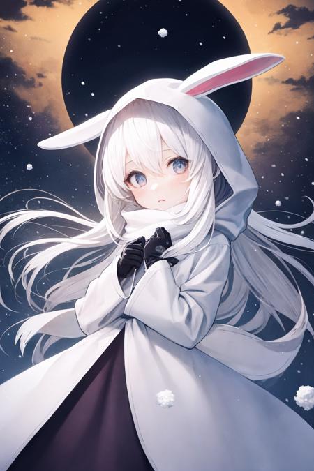 , **kawaii girl, ++solo+, ++best quality, ++illustration\\, ++splendid//, ++minor//, ++wind//, ++perfect composition//,++gallant/, ++remnants//, ++morbid-//, ++occult//, ++deadly--, ++gloves^, **night view^\, ++ephemeral girl//, enthusiast, bewitching, *kawaii girl//, *light leaks\\, ++wind//, ++ink splashing, ++upper body, *stand still, ++outline//, ++character focus//, ++absurdly long hair, ++white hair//, ++bow, \+fluffy//, ++detailed eyes//, hoodie, ++detailed sky, ++rabbit*, ++rabbit*, scarf, ++illustration\\, ++booth//, ++booth//, ++booth//, ++illustration\\, ++illustration\\, ++illustration\\, ++illustration\\, ++best quality, ++best quality, ++best quality, ++best quality*, ++japanese//, snow, twilight,<lora:MuchaV2:0.5> <lora:SilvermoonMix06:1>