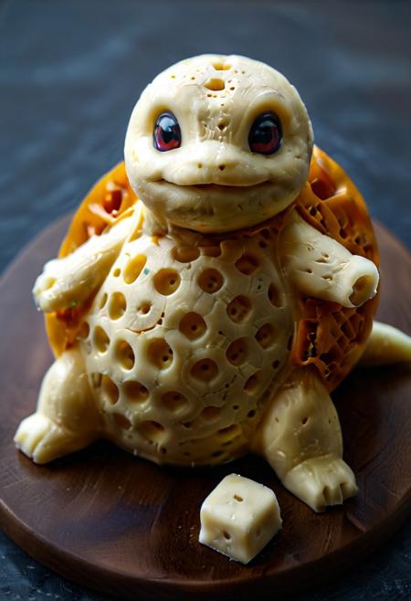 Cheese style, masterpiece, Squirtle made of cheese, closeup, placed on table, highly detailed.