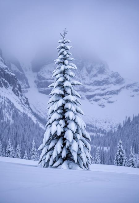 Powdery Snowfall, Blankets of Snow, Tall White Pine Tree, Jagged Huge Surrounding Mountains, Arctic Chilling Breeze, Nighttime, Darkness, Desolate, Howling Arctic Winter Winds