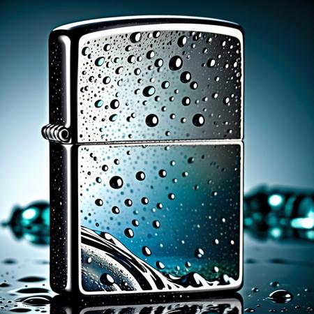 product photography , A Zippo adorned with shifting water droplets, each drop reflecting different scenes from nature, shifting water droplets:0.9, reflecting scenes:0.8, different scenes:0.7. <lora:zippo:1.0>