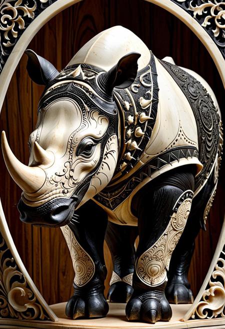 a powerful rhinoceros adorned with ebony and ivory carvings, scrimshaw style, hyper-detailed engravings across its armor-like skin and horn, majestic and surreal creature, black and white contrast, bone and wood textures, ornamental tribal patterns, fantasy realism, photorealistic lighting, dramatic savanna background, highly detailed creature design, sdxl style