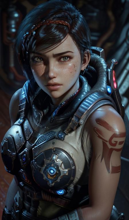 anime, hdr, soft light, ((best quality)), ((masterpiece)), (detailed), <lora:Kait Diaz:1> Kait Diaz, short blackhair, tattoo, gears of war light armor, looking at viewer, facing viewer, (upper body, close-up:1.1), blush, simple background, 2 red hair braids