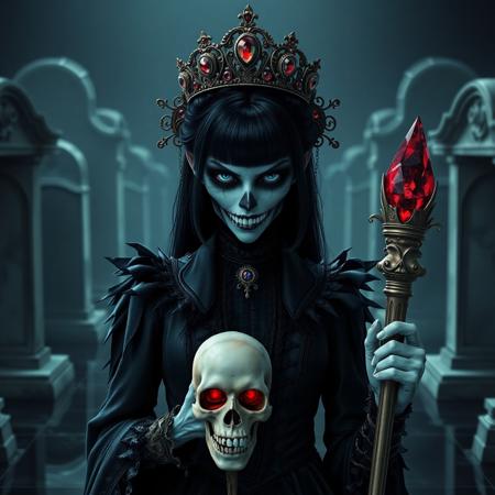 1girl, mysterious, hyper-realistic, despotically evil vampire queen, detailed argular scary face, goth sugar skull make up, jet black hair, black malachite crystal victorian dress with sharp jagged textures, Black Soul Gem Eyes, skull tiara with ebony accents, vampire fangs, glowing bioluminescent accents, holding scepter carved from bone with a red crystal skull on th end, haunting cemetery background, black glass floor, dim lighting, matte color tones, flat color style, horror fantasy, intricate details, cinematic shading, reij-blckprlglss, aidmaImageUpgrader
