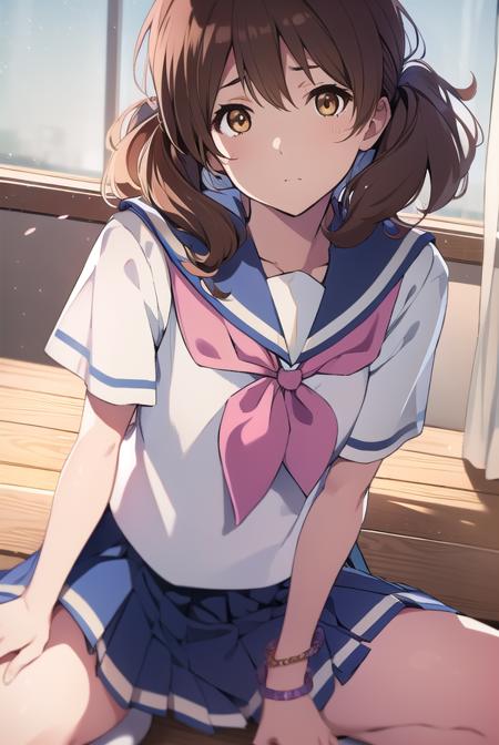 kumikooumae, <lora:kumikooumaetest:1>, 
kumiko oumae, (brown eyes:1.5), brown hair, short hair, wavy hair, (flat chest:1.2),
BREAK blue skirt, bracelet, kitauji high school uniform, neckerchief, pink neckerchief, pleated skirt, school uniform, serafuku, shirt, short sleeves, skirt, white shirt,
BREAK looking at viewer,
BREAK indoors, classroom,
BREAK <lora:GoodHands-vanilla:1>, (masterpiece:1.2), best quality, high resolution, unity 8k wallpaper, (illustration:0.8), (beautiful detailed eyes:1.6), extremely detailed face, perfect lighting, extremely detailed CG, (perfect hands, perfect anatomy),