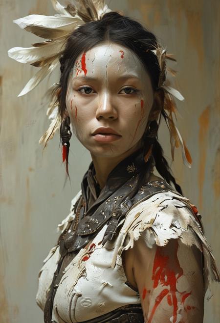 full shot of a female native indian american Mohican, black iron japanese armour, albino, standing pose, beautiful, war painted body, Low saturation color photography, vintage, grunge, top light, masterful painting in the style of Anders Zorn | Marco Mazzoni | Yuri Ivanovich, Todd McFarlane, Aleksi Briclot, oil on canvas