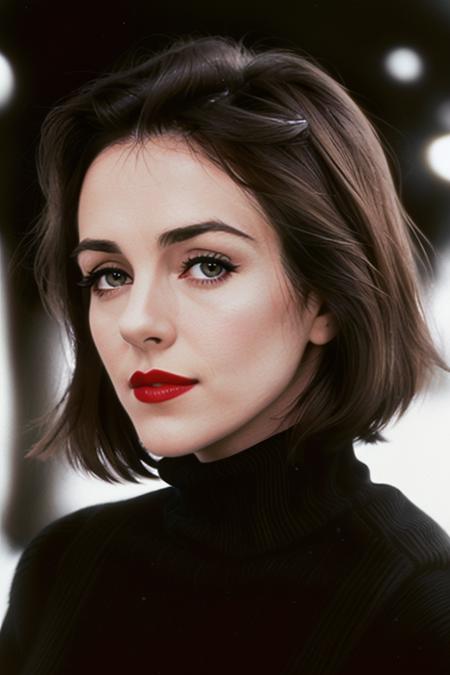 photo of a woman, lhurley, ((dark brown hair)), ((turtleneck sweater, scarf, short hair):1.1), ((closeup, portrait)),((outdoors, snow)), ((red lipstick, makeup)), (serious), ((best quality, masterpiece, extreme details, high resolution):1.2),((detailed eyes, beautiful eyes, detailed face, beautiful face):1.2)