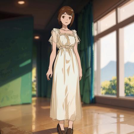 ,((masterpiece: 1.2)),ultra-detailed, ultra high res, high quality, 4K, solo, 1girl,extreamly delicate and beautiful,illustration,masterpiece,(illustration),(highres),(fullbody),standing,brown_hair,short_hair,hair_ornament,hairclip