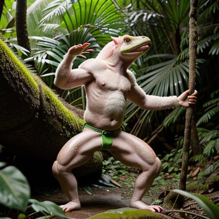 photograph of a large creature in the heart of a rainforest, wildlife photography, solo, no humans, animal, slimy albino amphiban ape that's also a salamander chameleon octopus axolotl frog horse slug gorilla chimera, bipedal, muscular, toned, pecs, abs, standing upright, loincloth, hooves, centered
