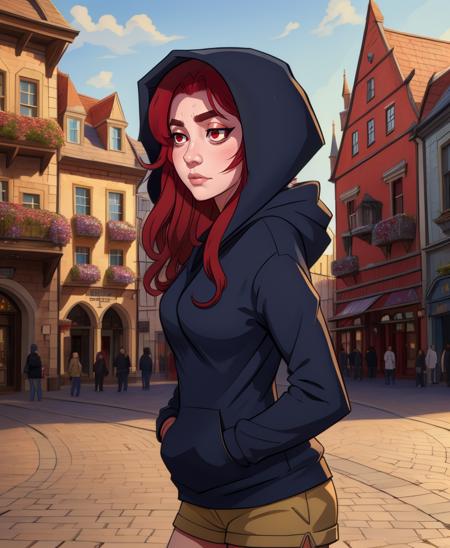 Nachiroux,red eyes,long red hair,bored,solo,
long sleeves,black hoodie,hood up,shorts,
fantasy,in town square,morning,
(insanely detailed, beautiful detailed face, masterpiece, best quality),<lora:Nachiroux:0.8>,