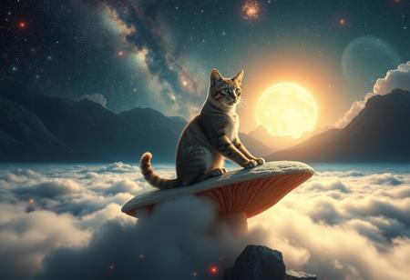 Mark5 cat riding mushroom clouds over lake filed with bright galaxies and stars as the  alkaline trio of cats chase  cosmic computer chips that play a deathly Orchestra of insanity