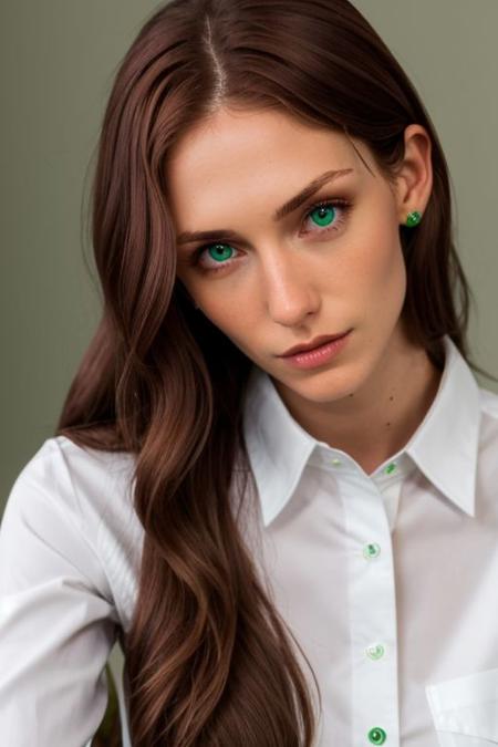 closeup face,
1 girl, white shirt, od, long hair, brown hair, green eyes, 25 years old, slim, fit,
milf,
detailed face