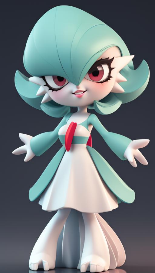 A 3D animated female character with a blue dress, red bow, and white accents.
