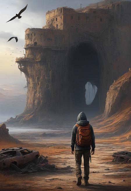 Hyper-realistic digital painting, post apocalyptic, dawn, swirling circular stone cliffs, the frames of rusty military equipment, a teenager in a hoodie walking into the distance, flying birds, dramatic lighting, ultra-fine details.
