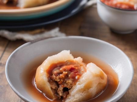 A bowl of translucent Bahuana, a traditional Asian dish, cut open to reveal a rich meat filling. The Bahuana is soft and chewy, and its skin is so transparent that the filling inside is clearly visible. It is generously topped with thick tomato sauce and viscous gravy, which add a vibrant color contrast and enhance the visual appeal. The bowl is placed on a rustic wooden table, with chopsticks resting on the side. The scene should be as realistic as a high-resolution photograph, with warm and inviting lighting that highlights the appetizing qualities of the dish and the cozy atmosphere of the setting,<lora:bahuana:0.75>,bahuana,