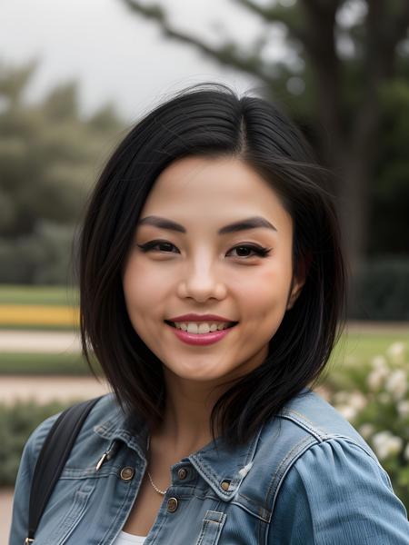 close-up portrait photo of ( 4nn44k4n4_V1-LoRA , (black hair)++ , smile, teeth), (park in background)++, 8k uhd, high quality, dramatic, bokeh